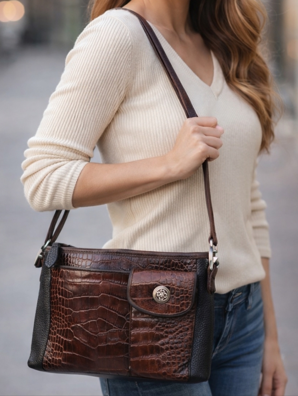 💜VINTAGE💜 BRIGHTON Croc/Pebble Leather Shoulder Bag in Black/Brown